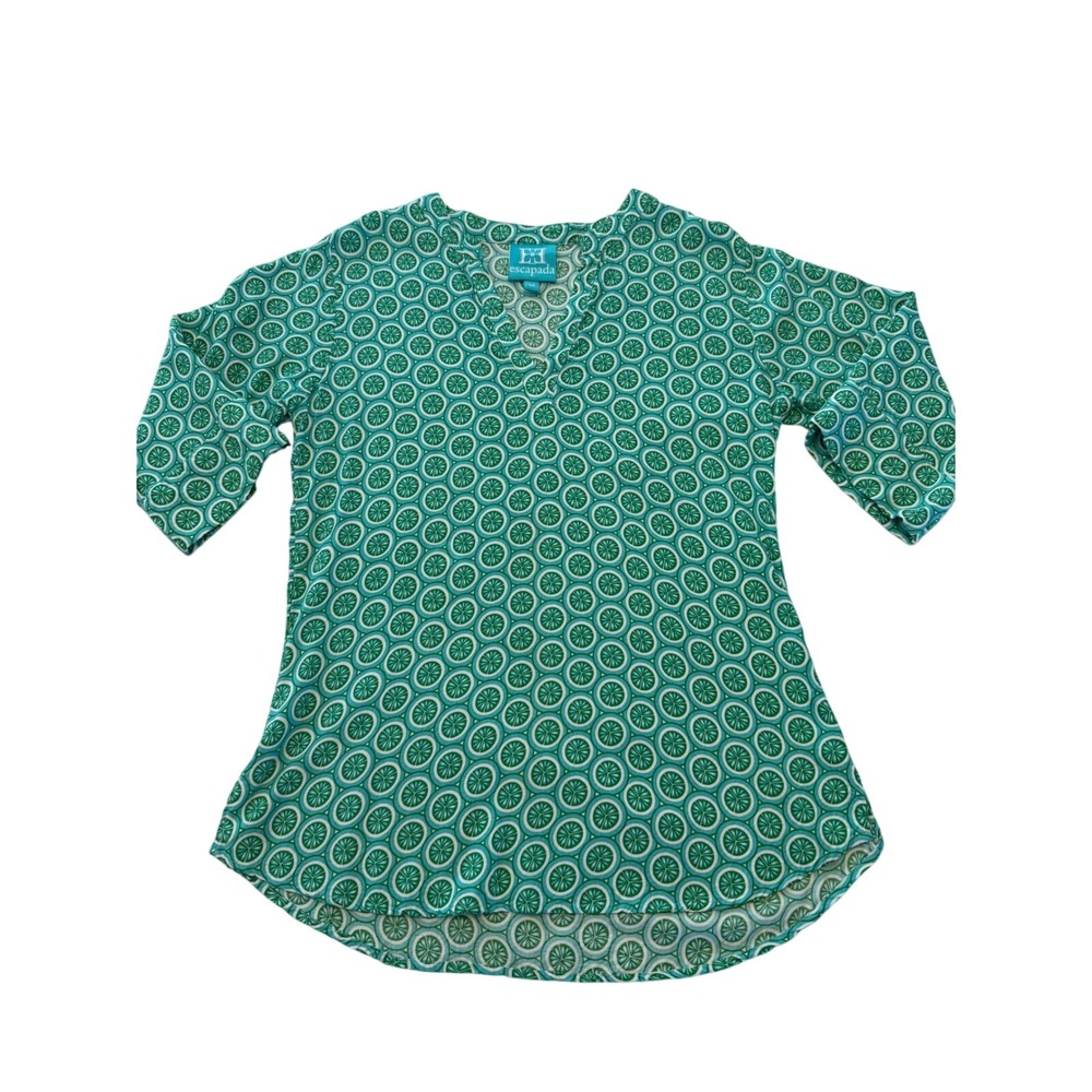Escapada Green White Citrus Print Rayon Tunic Top Split V-Neck Size M